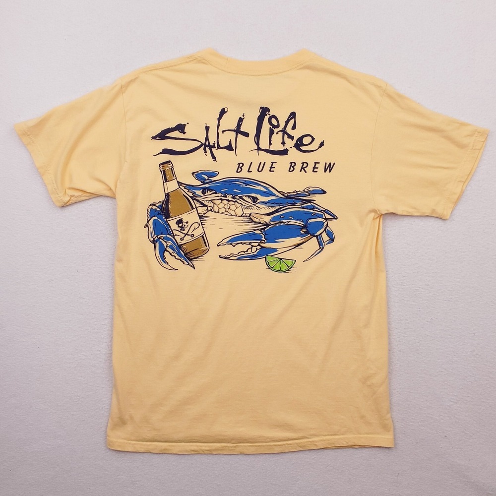 Salt Life Shirt Mens Medium Yellow Blue Crab Brew Beer Outdoor Beach